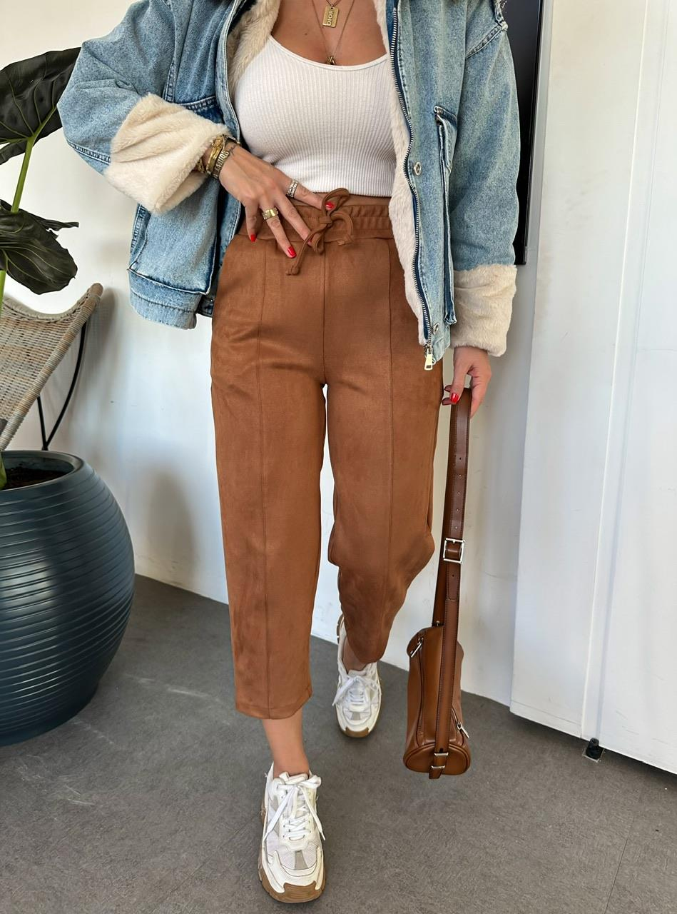 Taba Süet Beli Lastikli Dikişli Pantolon