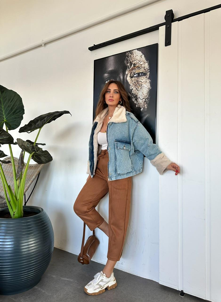 Taba Süet Beli Lastikli Dikişli Pantolon