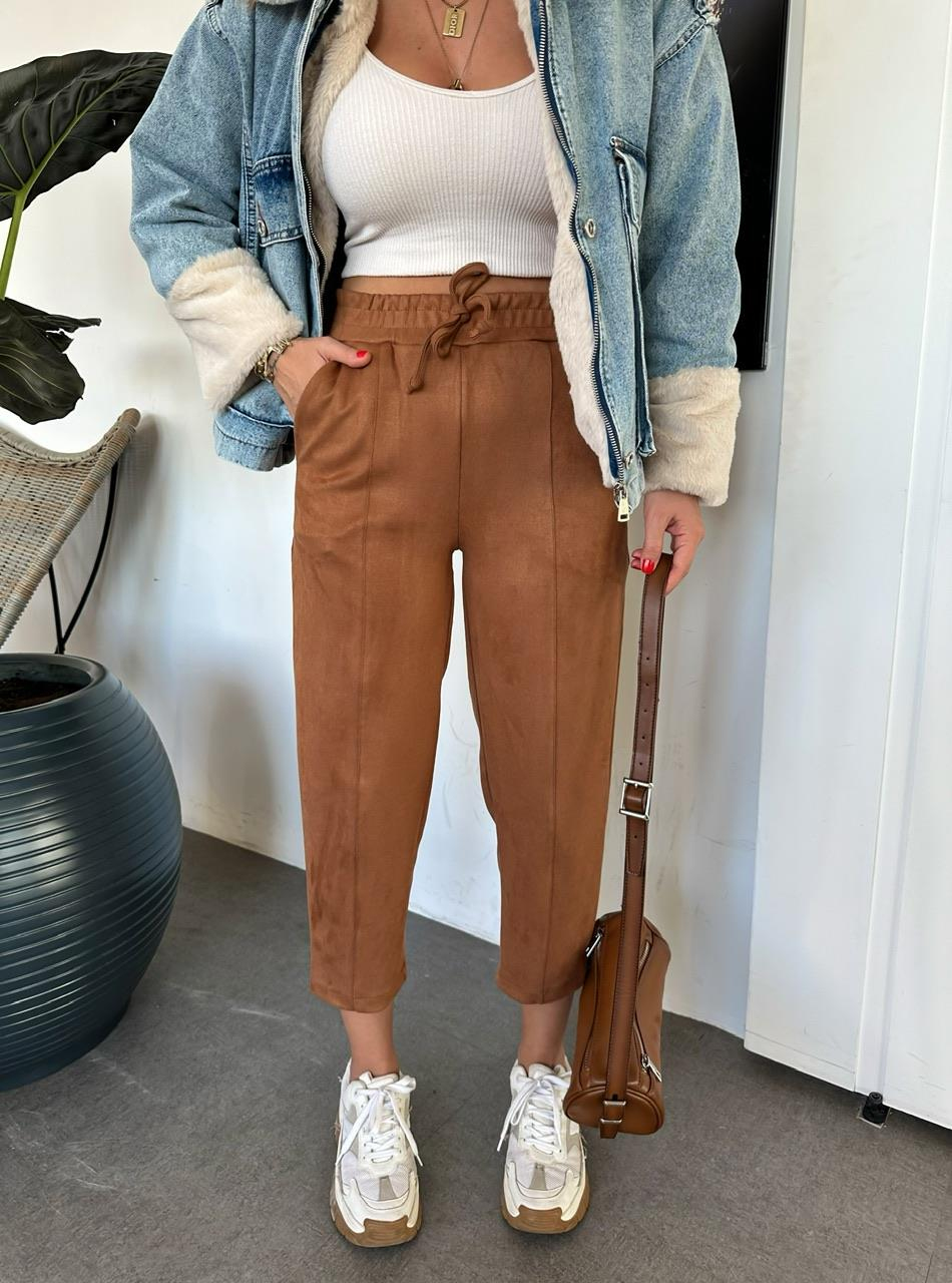 Taba Süet Beli Lastikli Dikişli Pantolon
