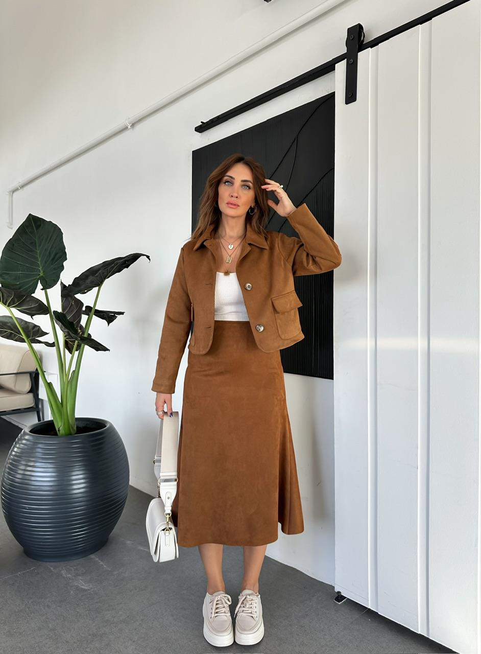 Taba Süet Likralı Midi Etek