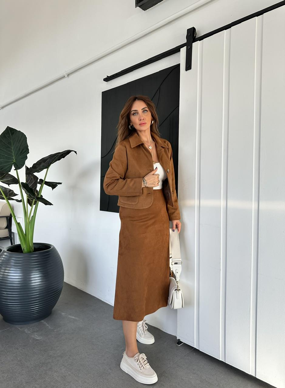 Taba Süet Likralı Midi Etek