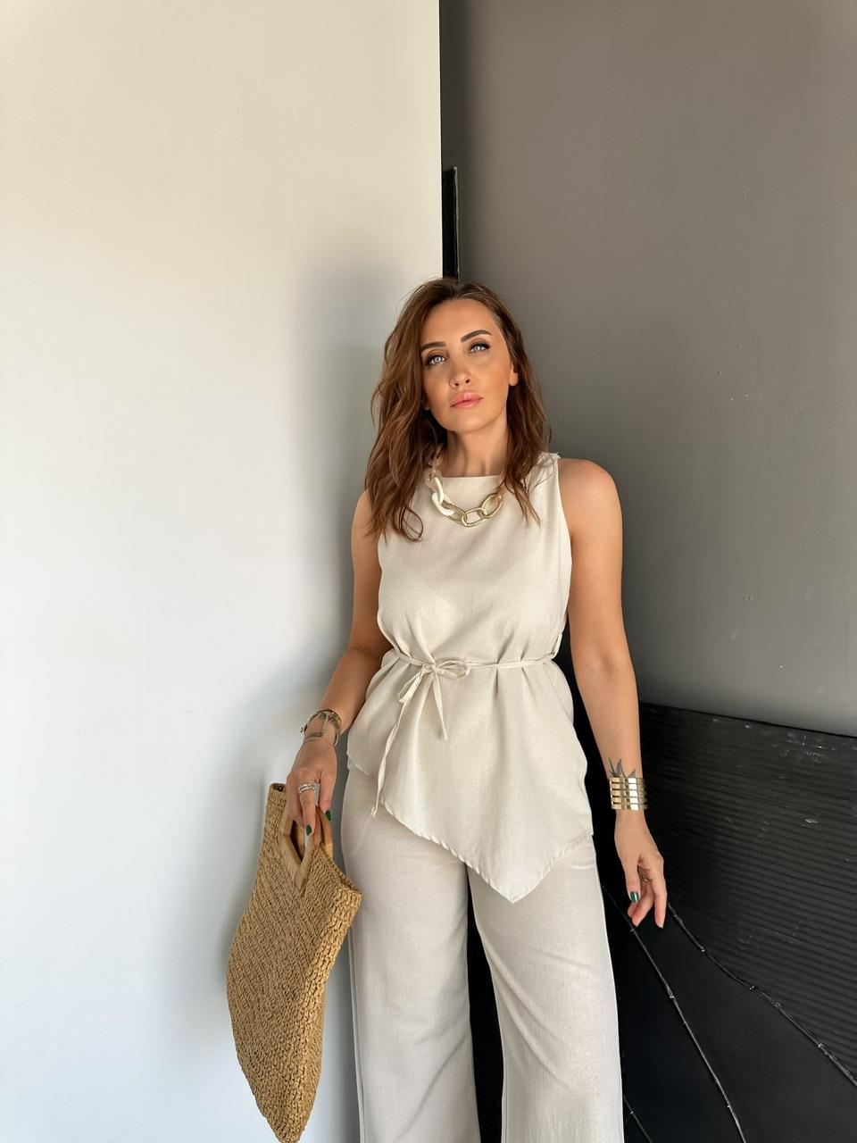 Taş Asimetrik Bluzlu Keten Takım