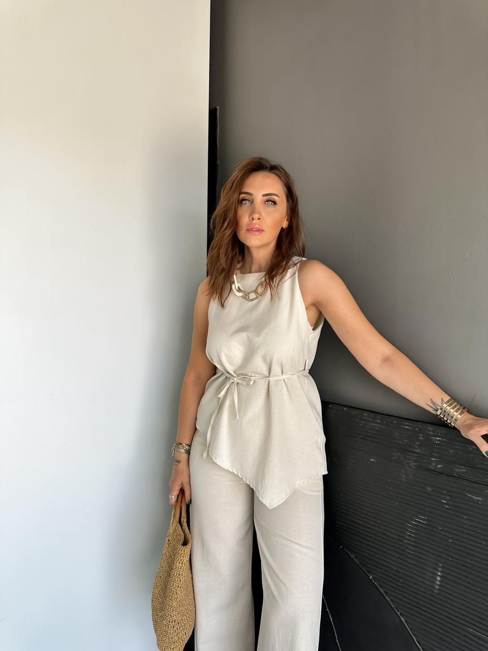Taş Asimetrik Bluzlu Keten Takım