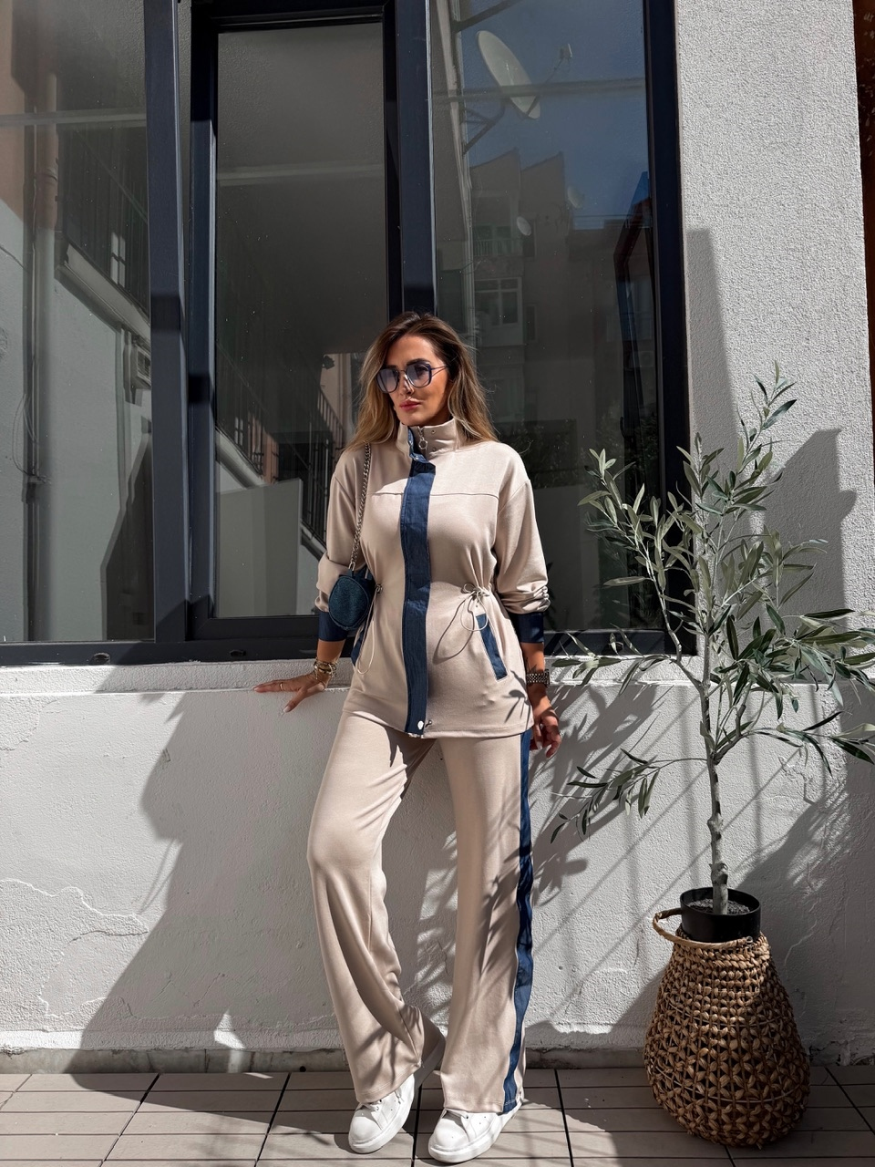 Taş Beli Büzgülü Kot Parçalı Takım