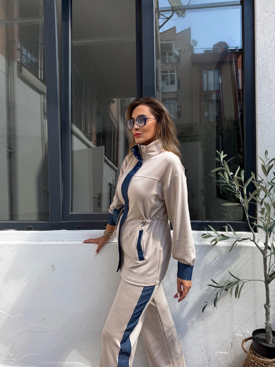 Taş Beli Büzgülü Kot Parçalı Takım