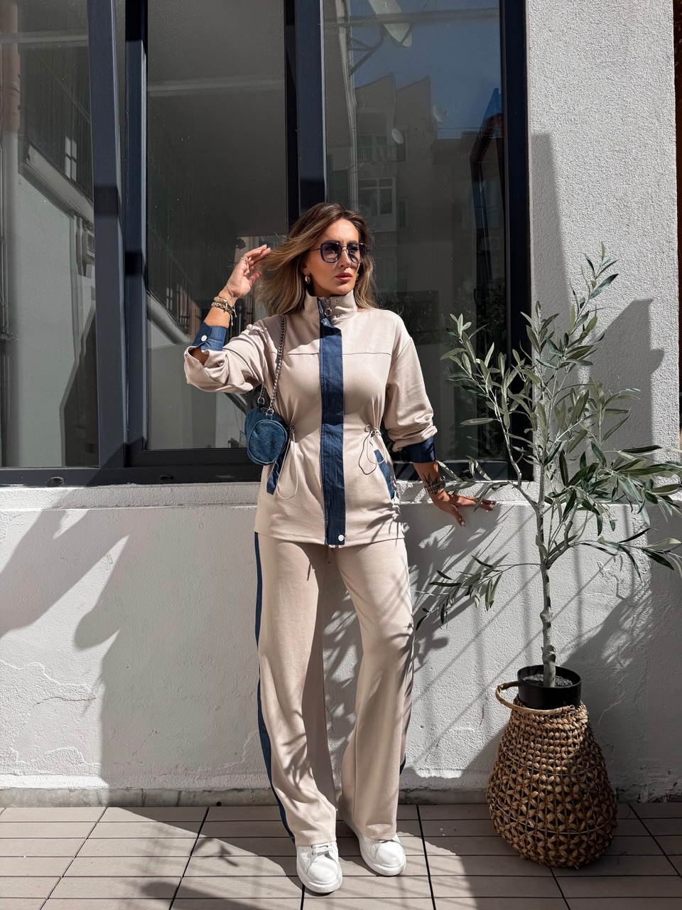 Taş Beli Büzgülü Kot Parçalı Takım