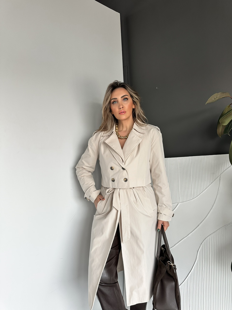 Taş Çift Parçalı Tasarım Kuşaklı Trençkot
