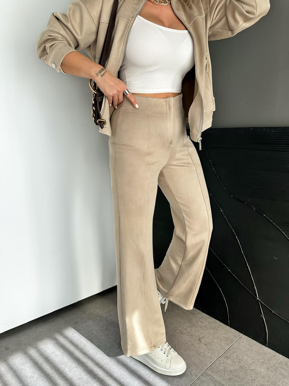 Taş Dikişli Likralı Süet Pantolon