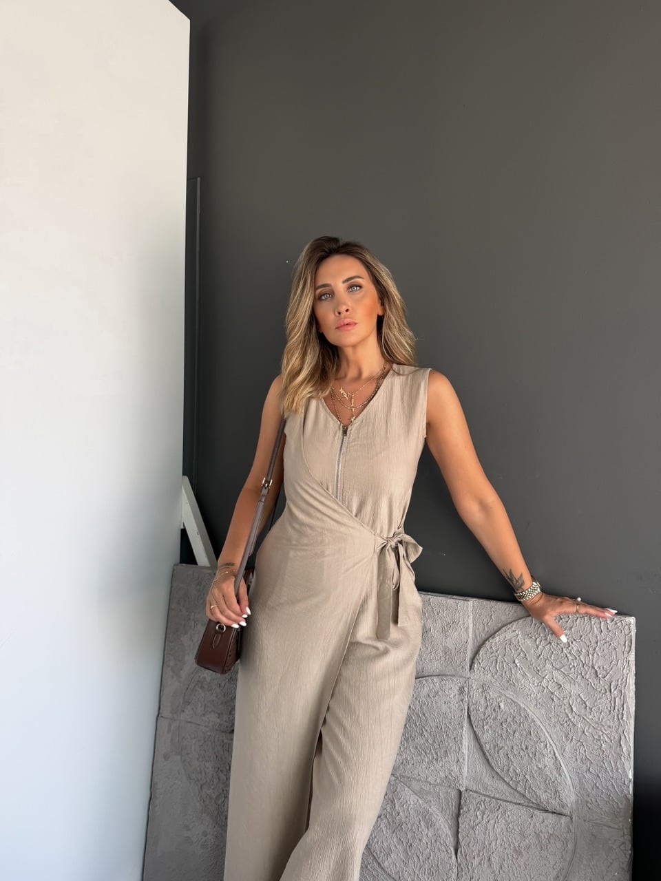 Taş Fermuarlı Bağlamalı Tulum