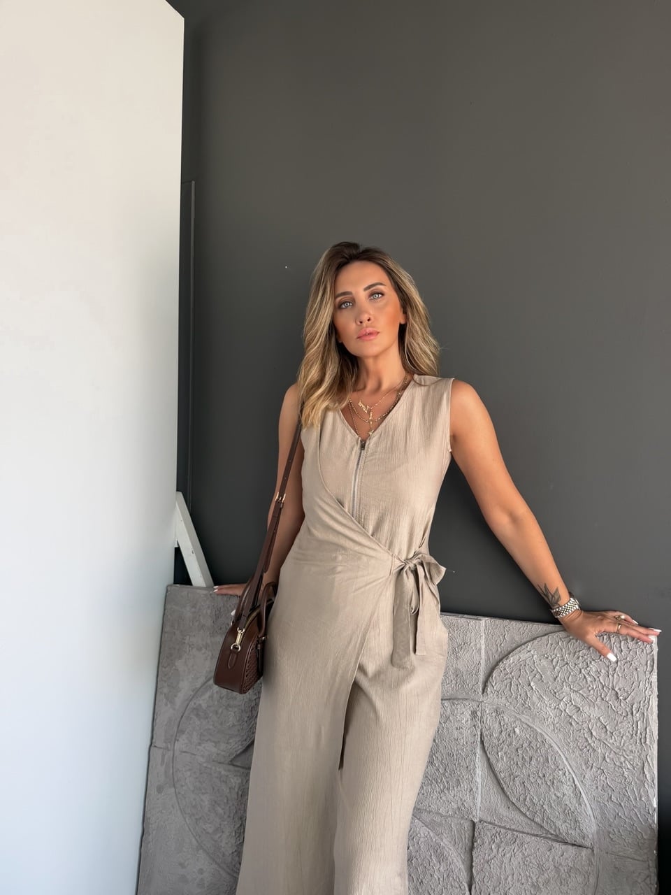 Taş Fermuarlı Bağlamalı Tulum