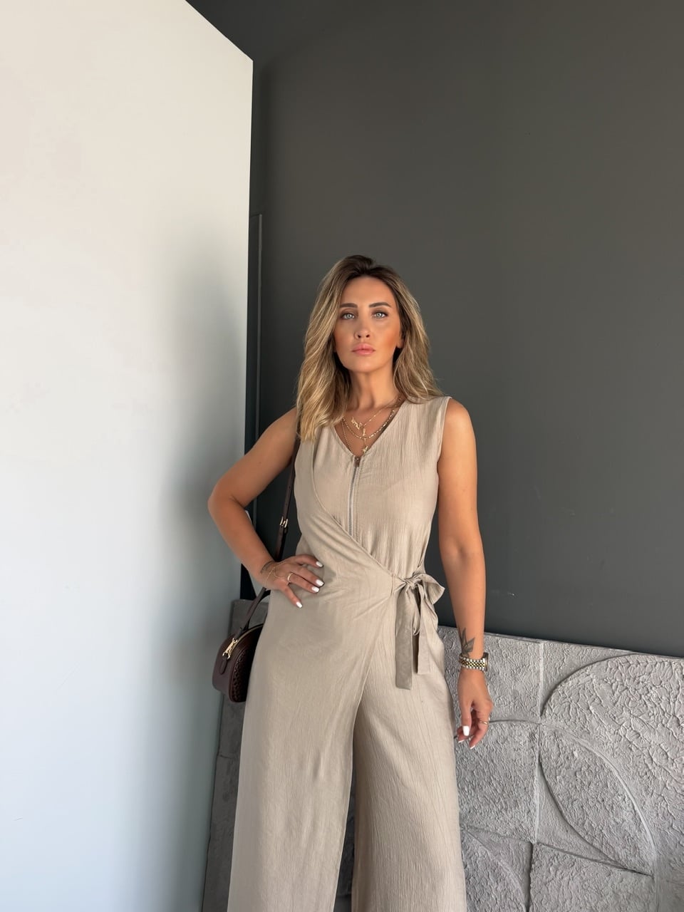 Taş Fermuarlı Bağlamalı Tulum
