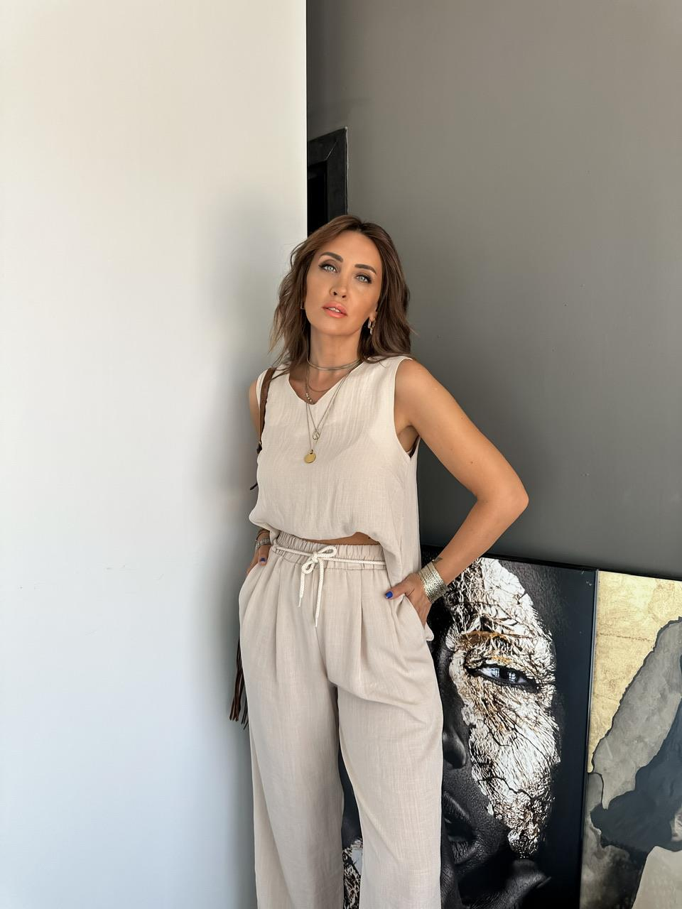 Taş Halat Kemerli Keten Takım