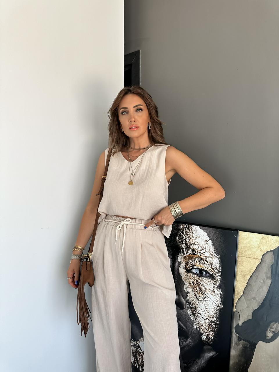 Taş Halat Kemerli Keten Takım