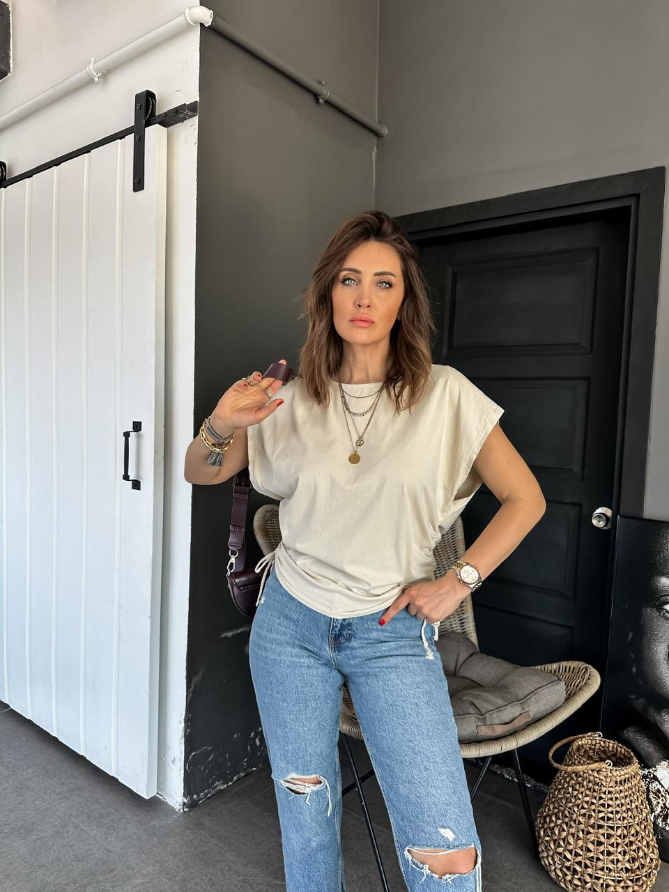 Taş Kenarları Büzgülü Cotton Tshirt