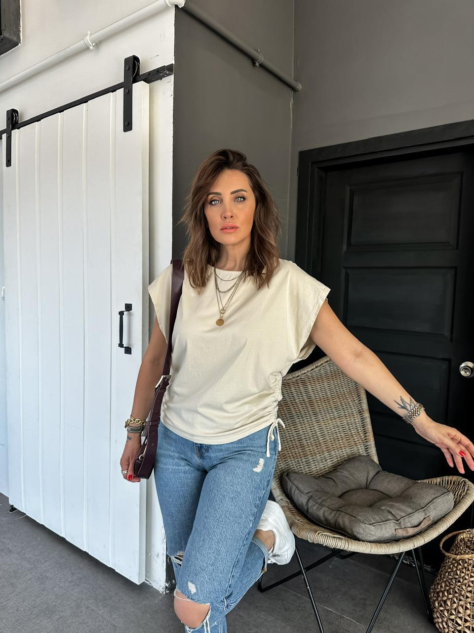 Taş Kenarları Büzgülü Cotton Tshirt