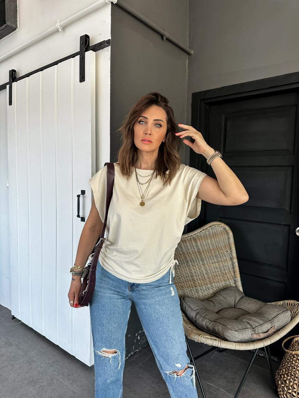 Taş Kenarları Büzgülü Cotton Tshirt