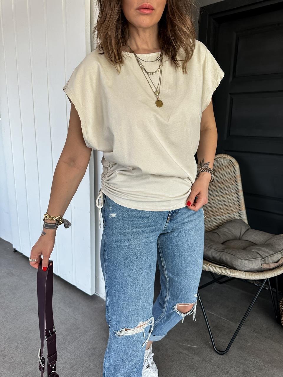 Taş Kenarları Büzgülü Cotton Tshirt