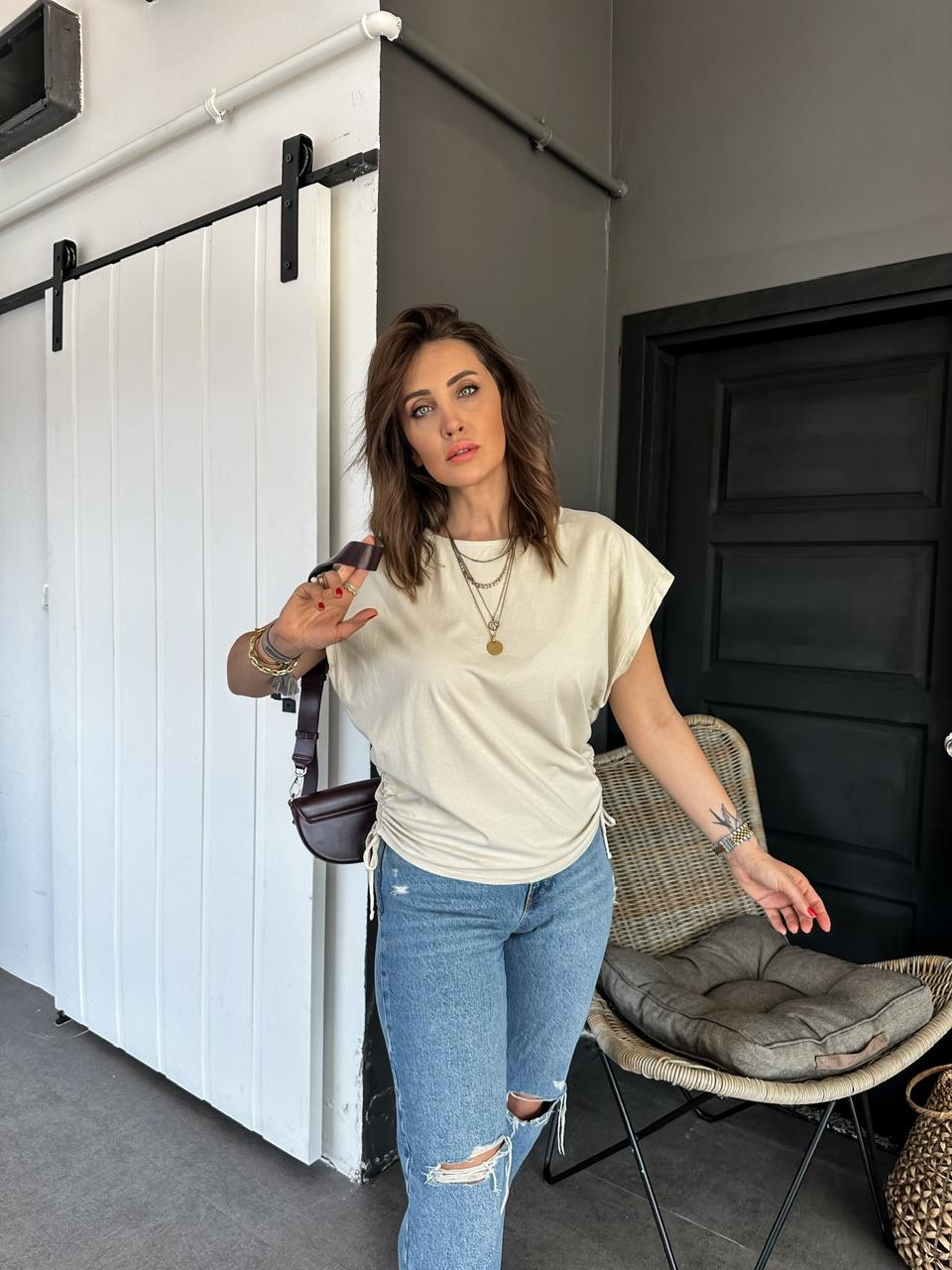 Taş Kenarları Büzgülü Cotton Tshirt
