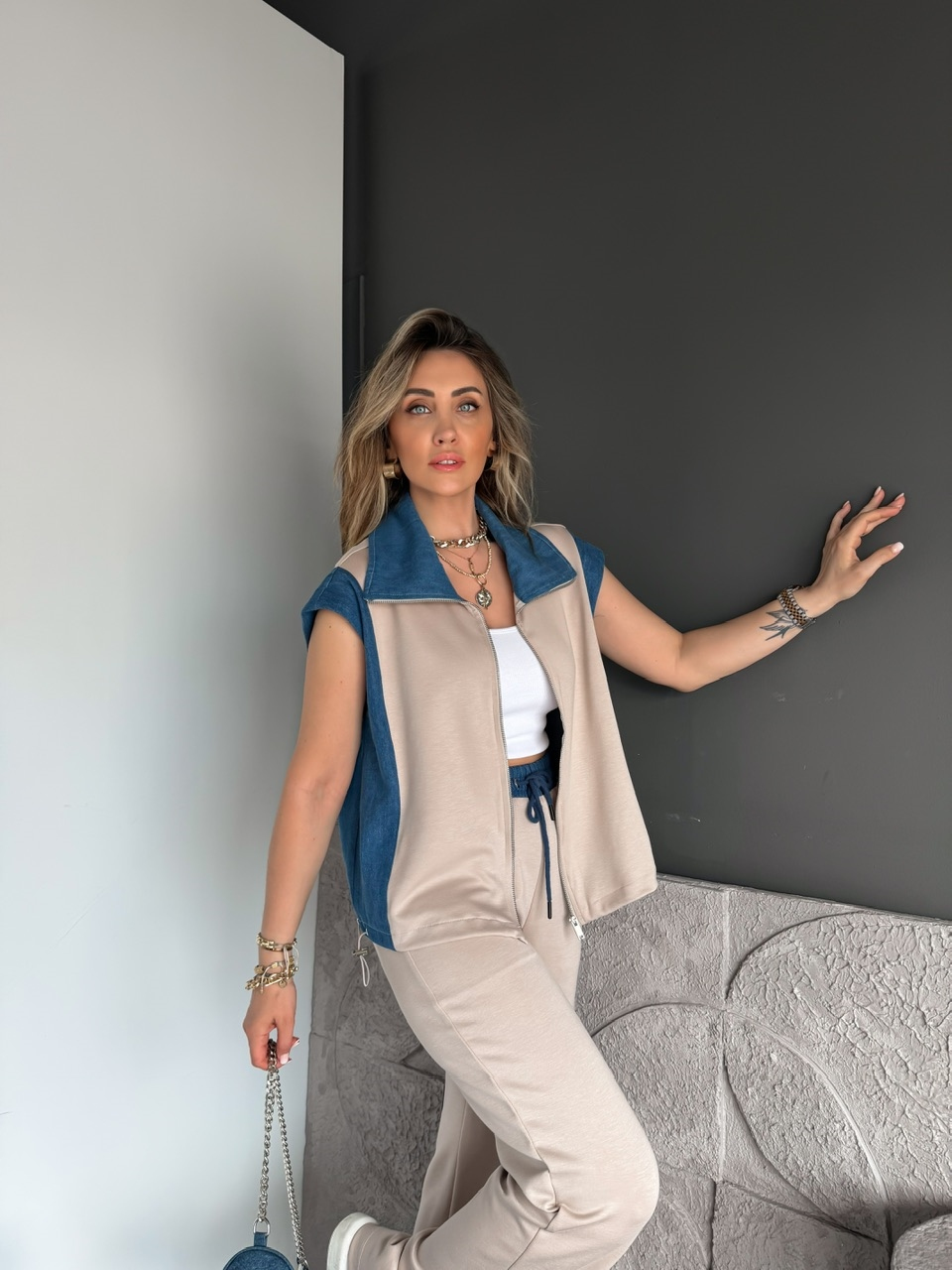 Taş Kot Parçalı Yelekli Modal Takım