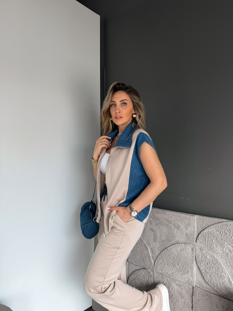 Taş Kot Parçalı Yelekli Modal Takım