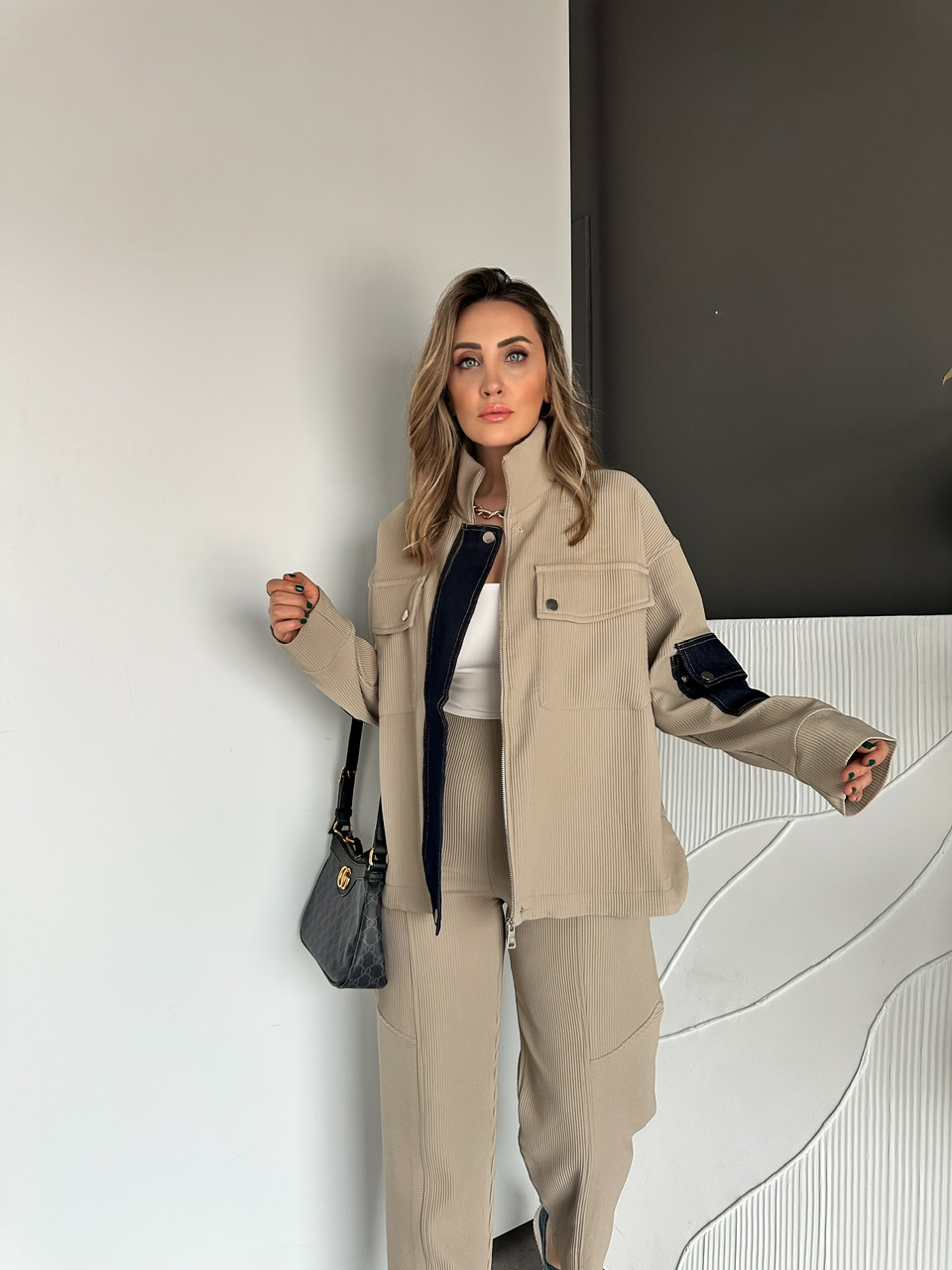 Taş Likralı Fitilli Kot Parçalı Takım