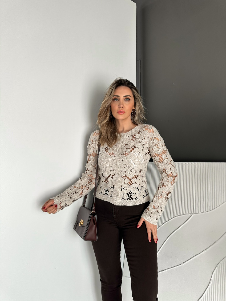 Taş Motifli Düğmeli Merserize Hırka