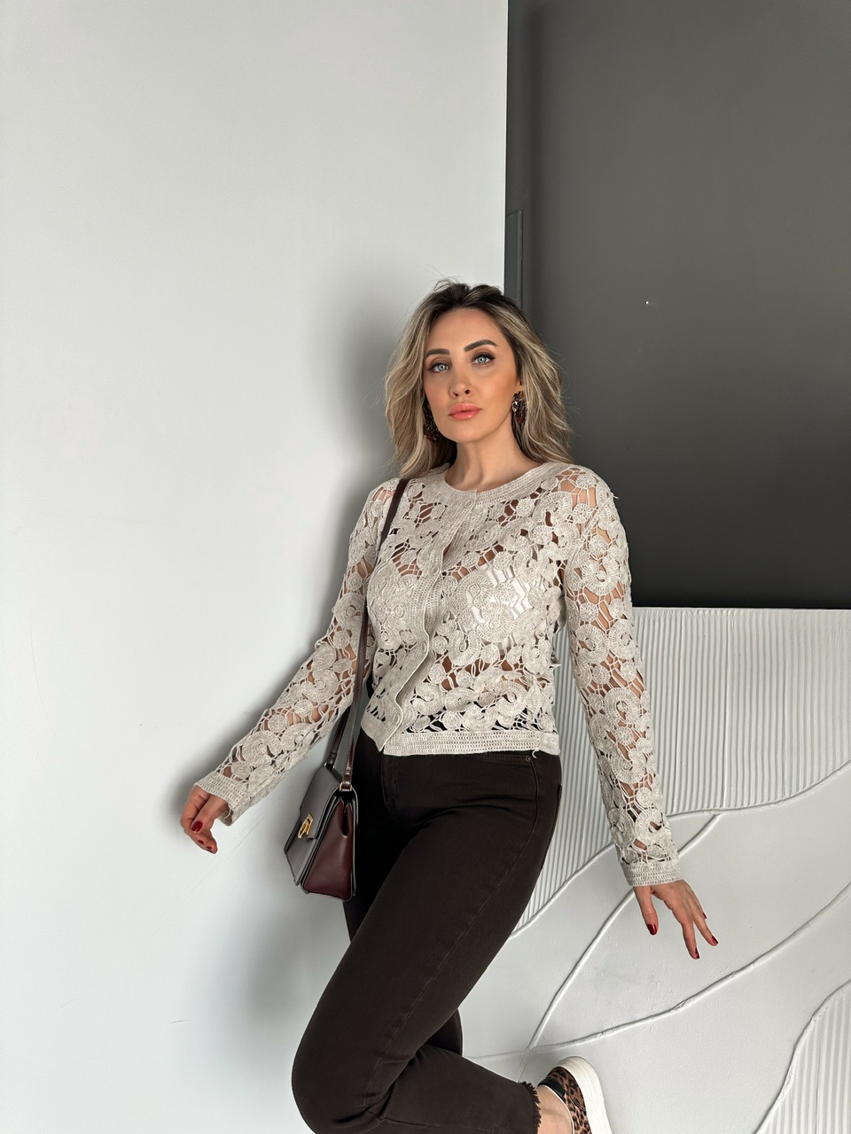 Taş Motifli Düğmeli Merserize Hırka