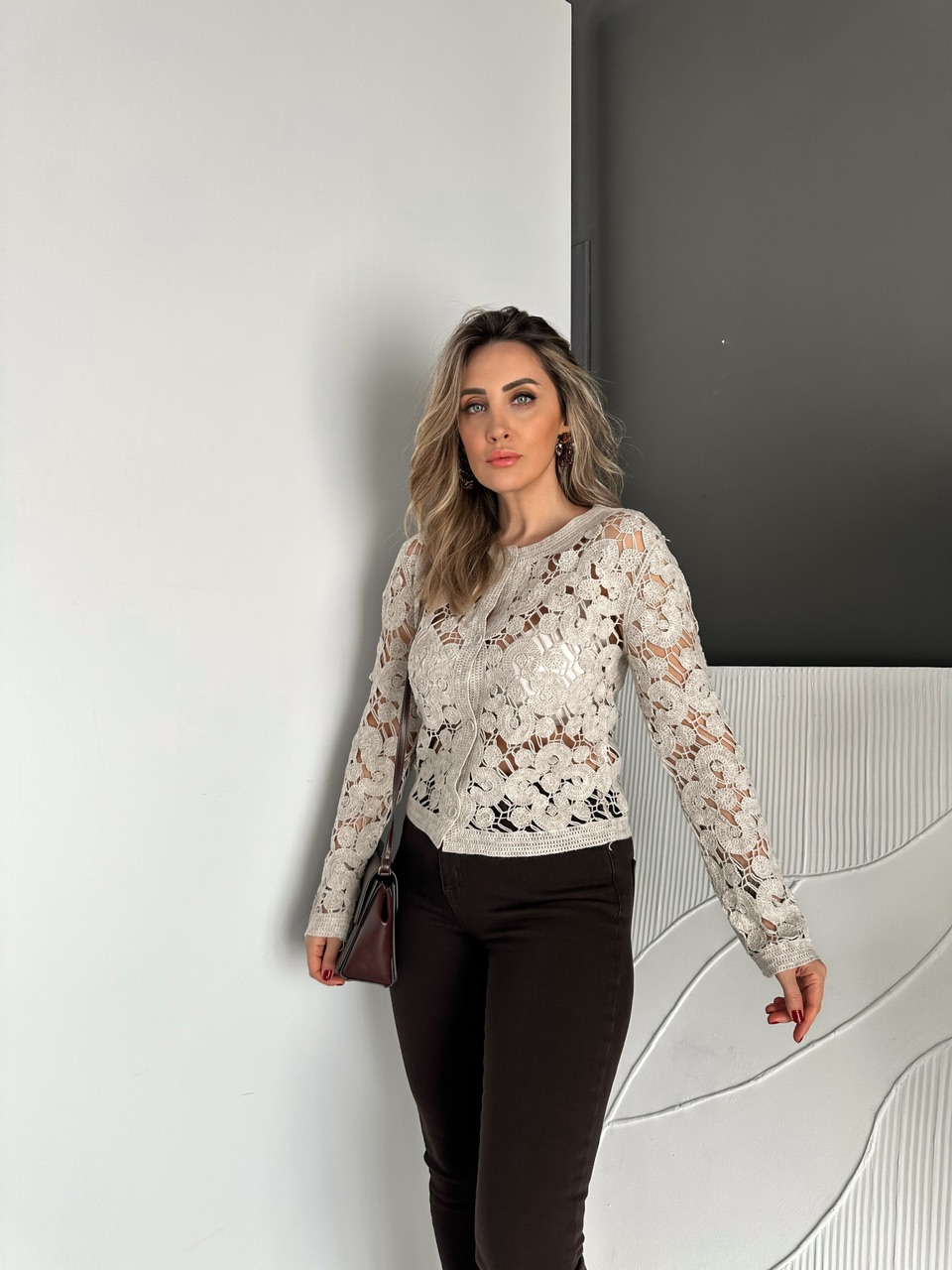 Taş Motifli Düğmeli Merserize Hırka