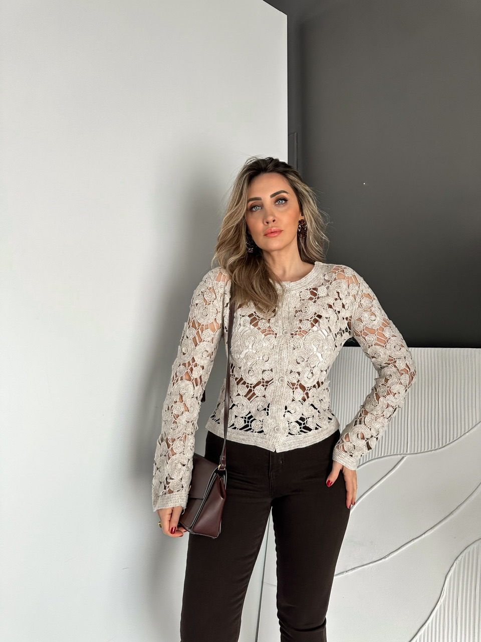 Taş Motifli Düğmeli Merserize Hırka
