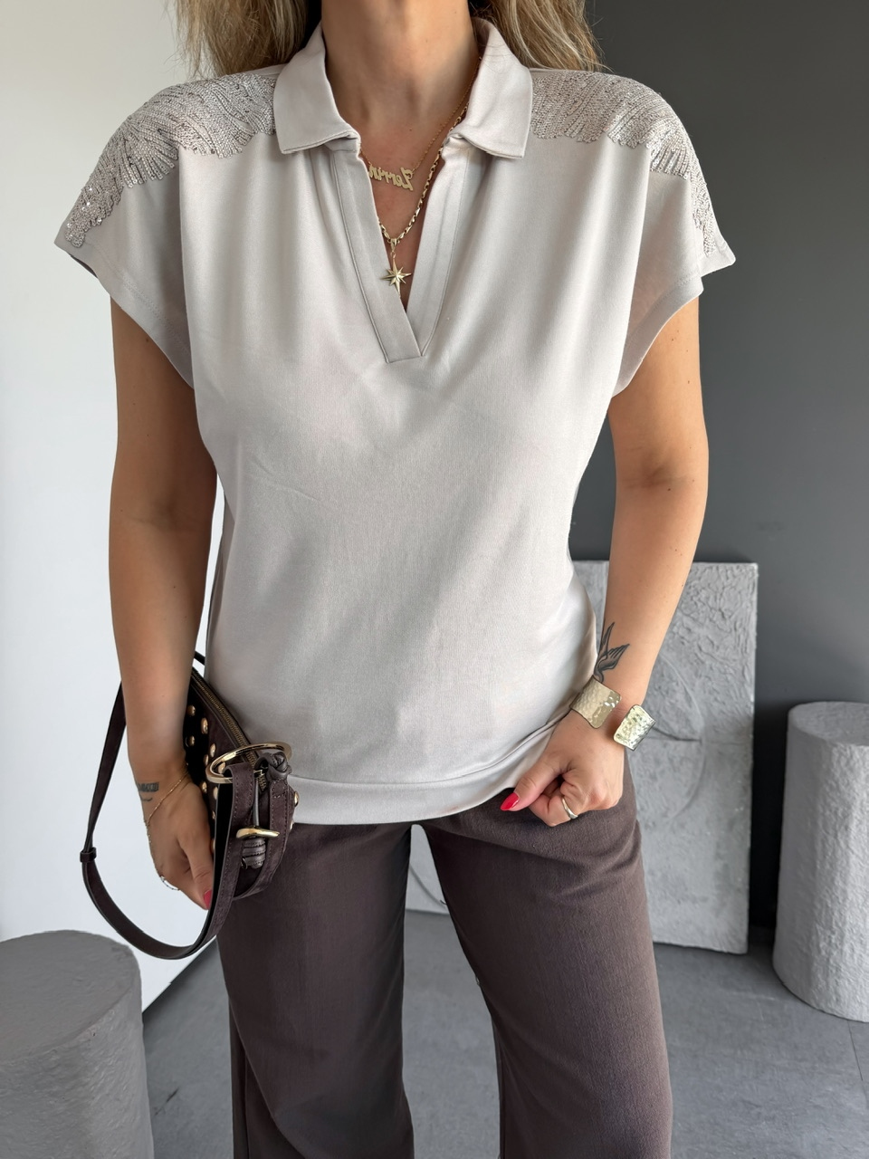 Taş Omuzları Payetli Marka Modal Tshirt