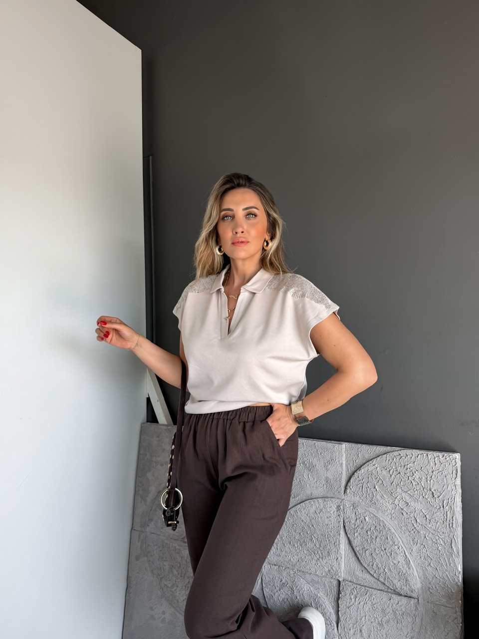 Taş Omuzları Payetli Marka Modal Tshirt