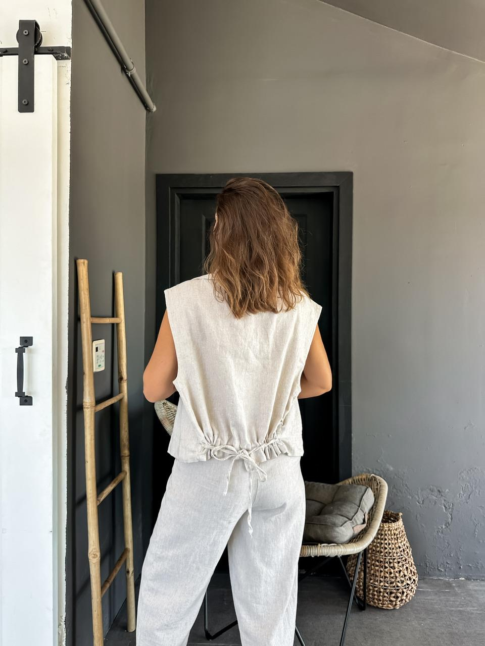 Taş Organic Keten Yelekli Takım