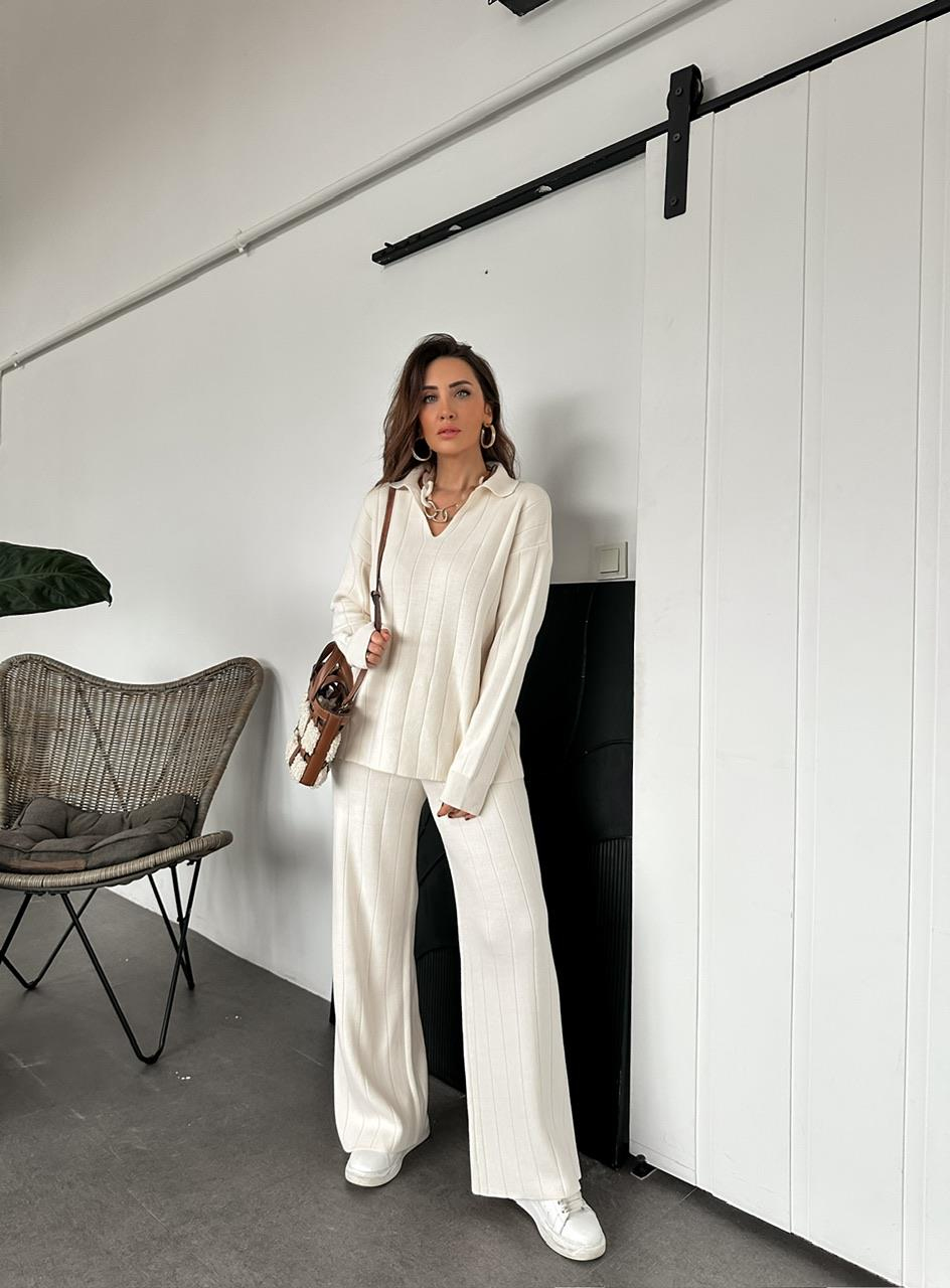 Taş Polo Yaka Çizgi Dokulu Triko Takım