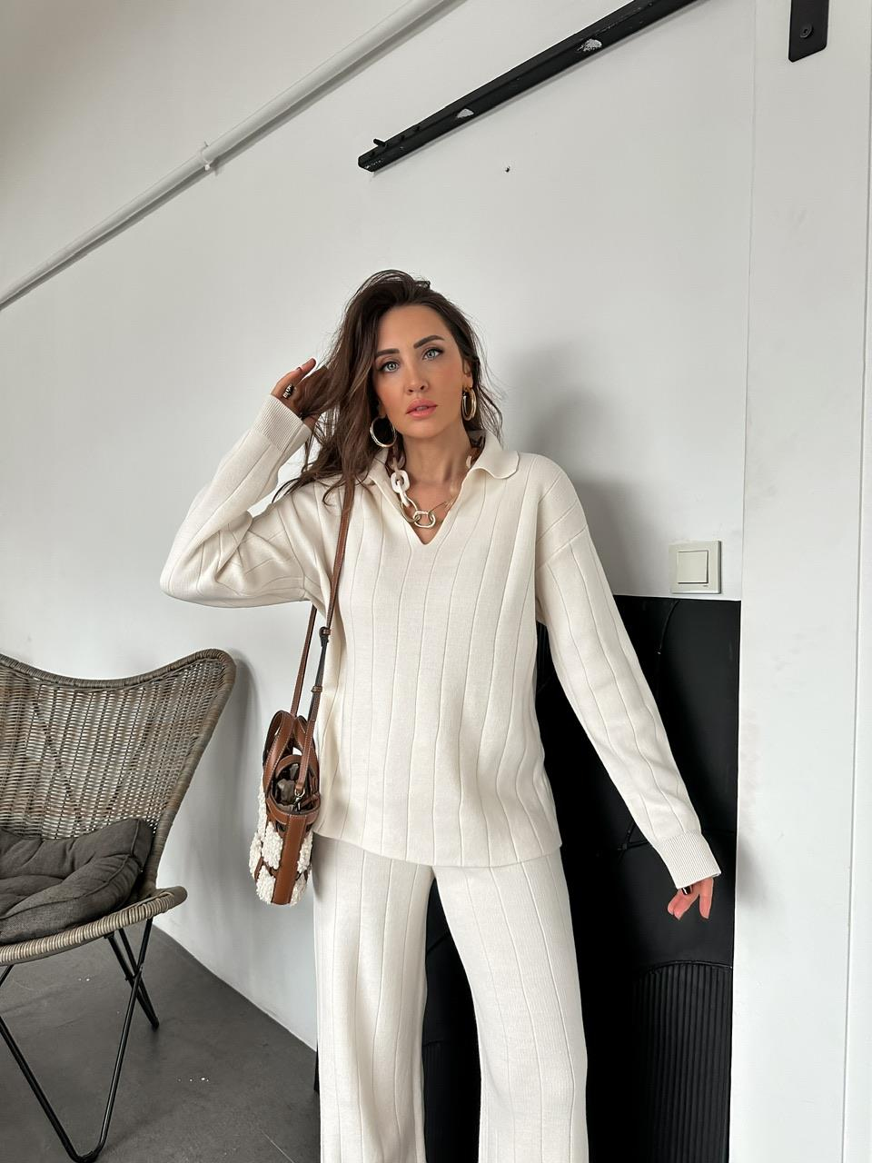 Taş Polo Yaka Çizgi Dokulu Triko Takım