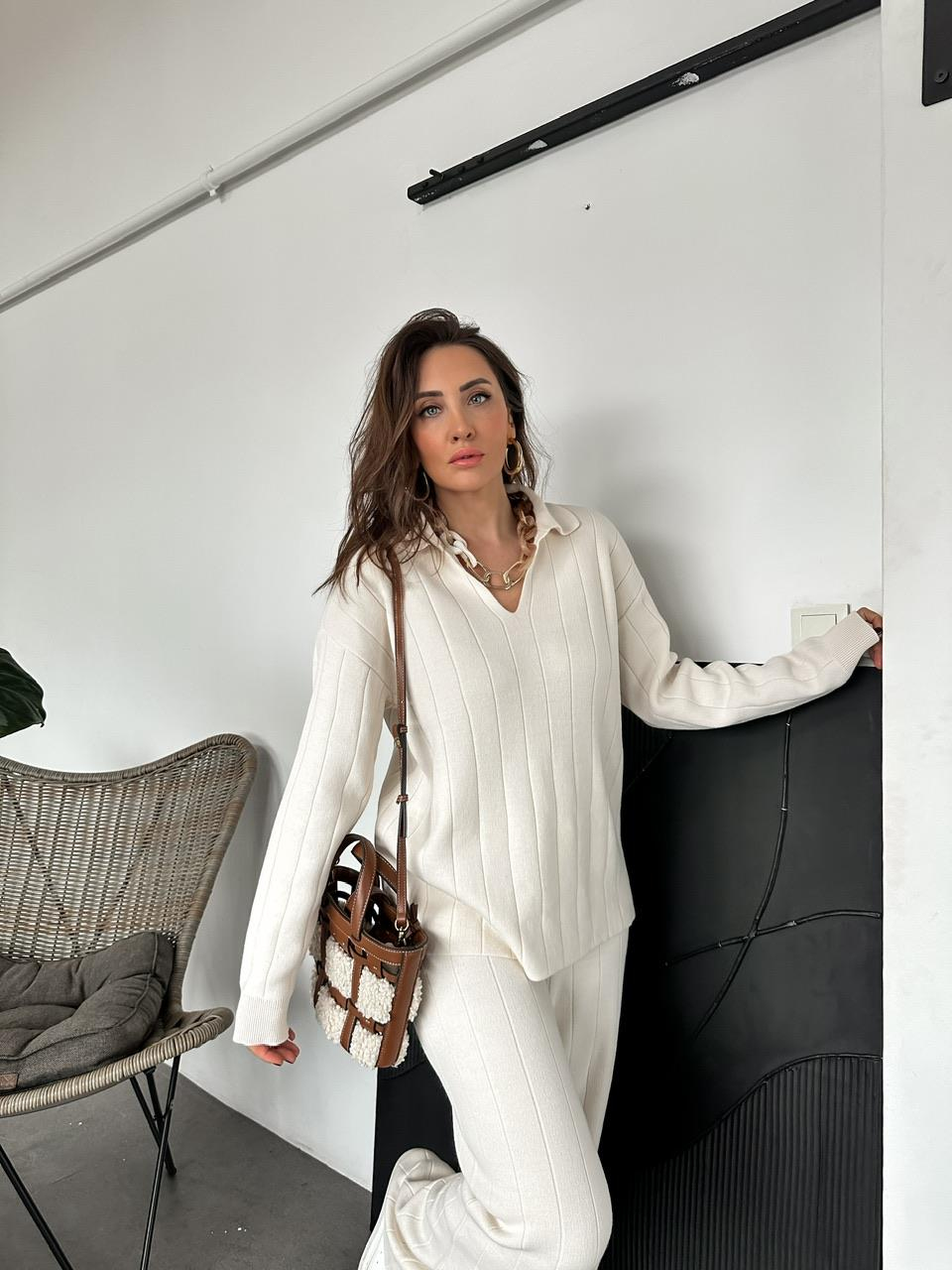 Taş Polo Yaka Çizgi Dokulu Triko Takım