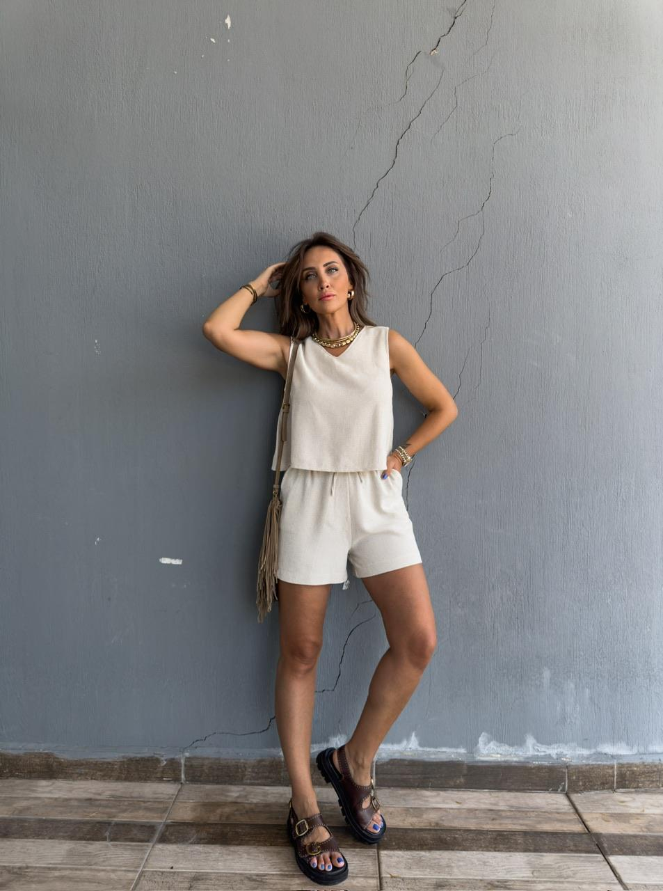 Taş Rengi Naturel Keten Şortlu Takım