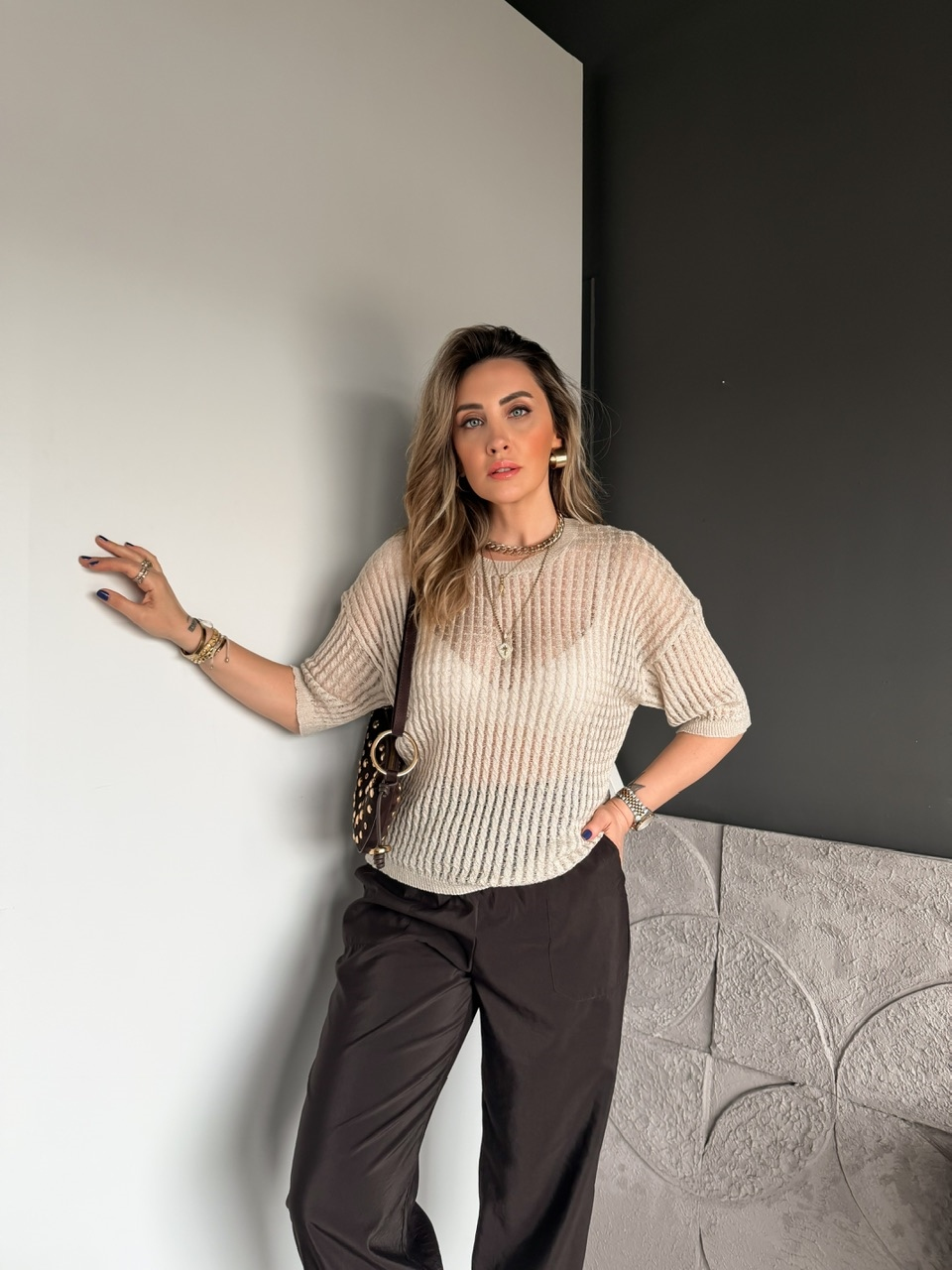 Taş Saç Örgülü Kısa Kollu Triko