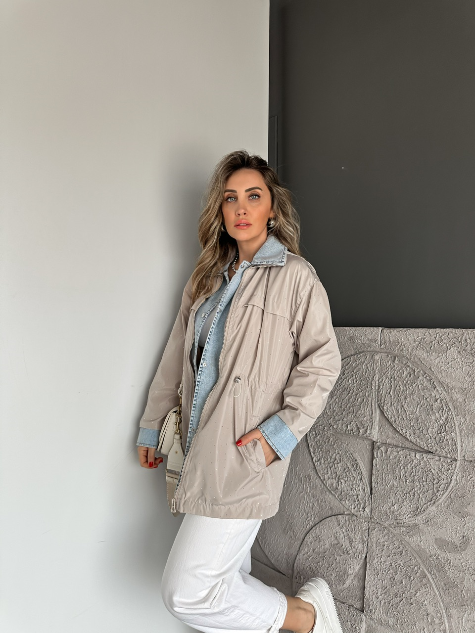Taş Serpme Taşlı Kot Parçalı Ceket