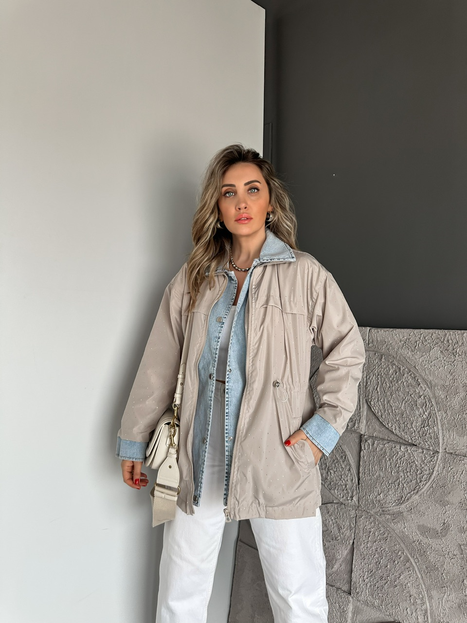 Taş Serpme Taşlı Kot Parçalı Ceket