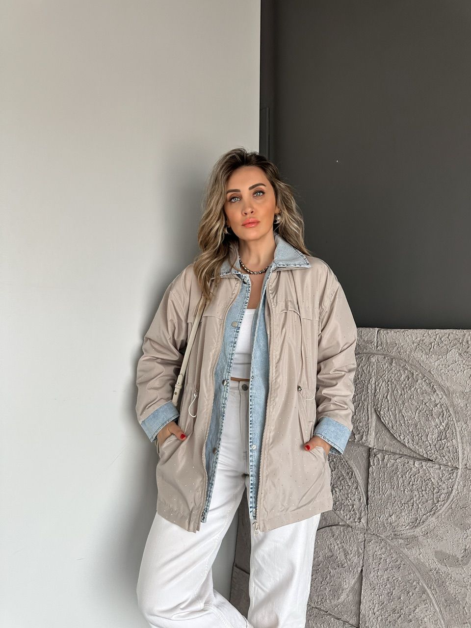 Taş Serpme Taşlı Kot Parçalı Ceket