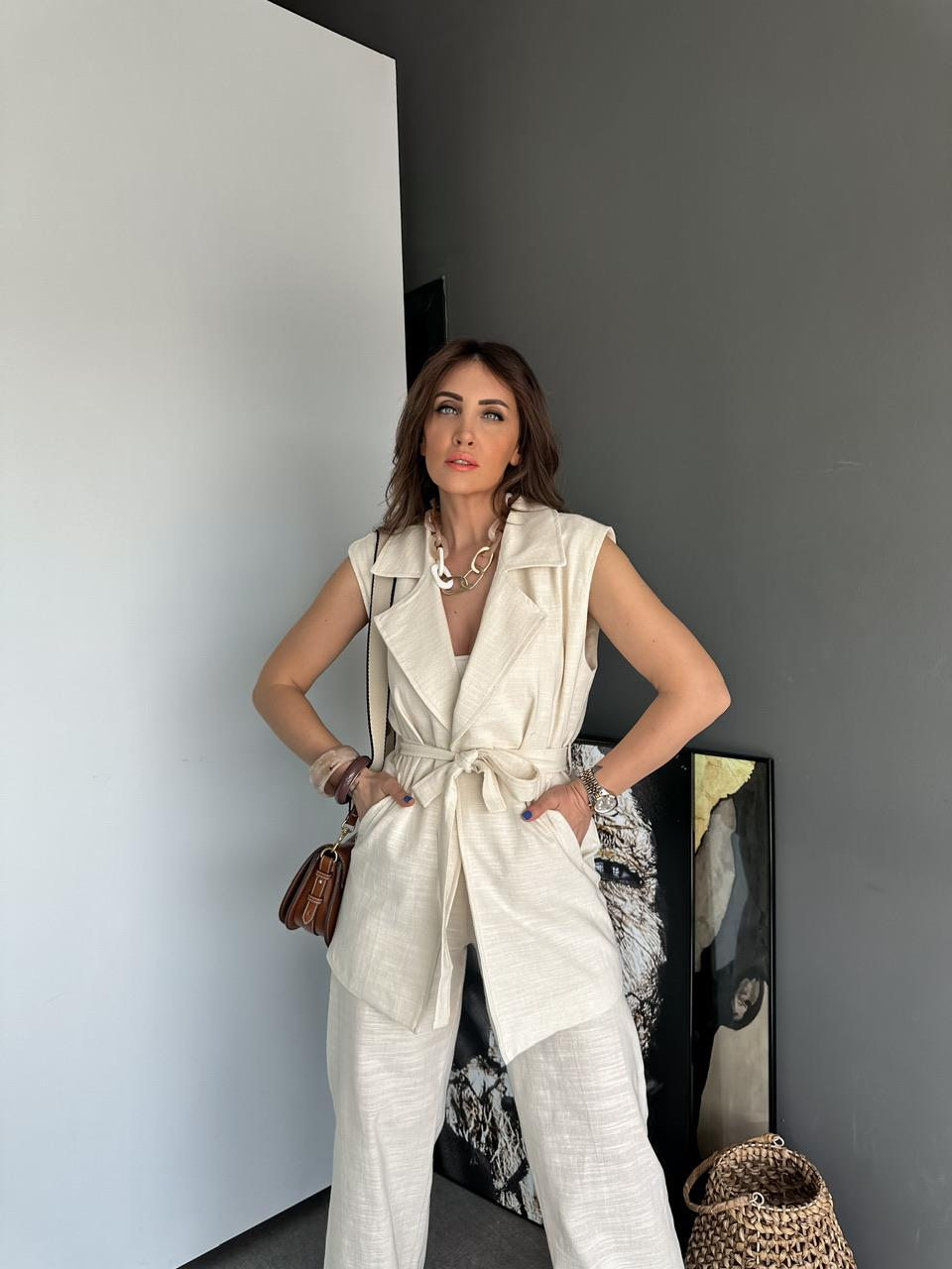 Taş Yelekli Keten Takım