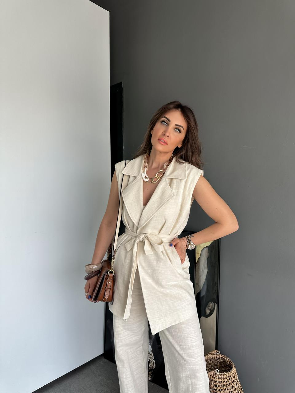 Taş Yelekli Keten Takım