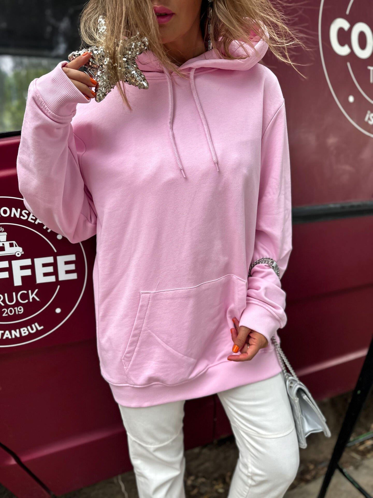 Toz Pembe Kapşonlu Basic Sweatshirt