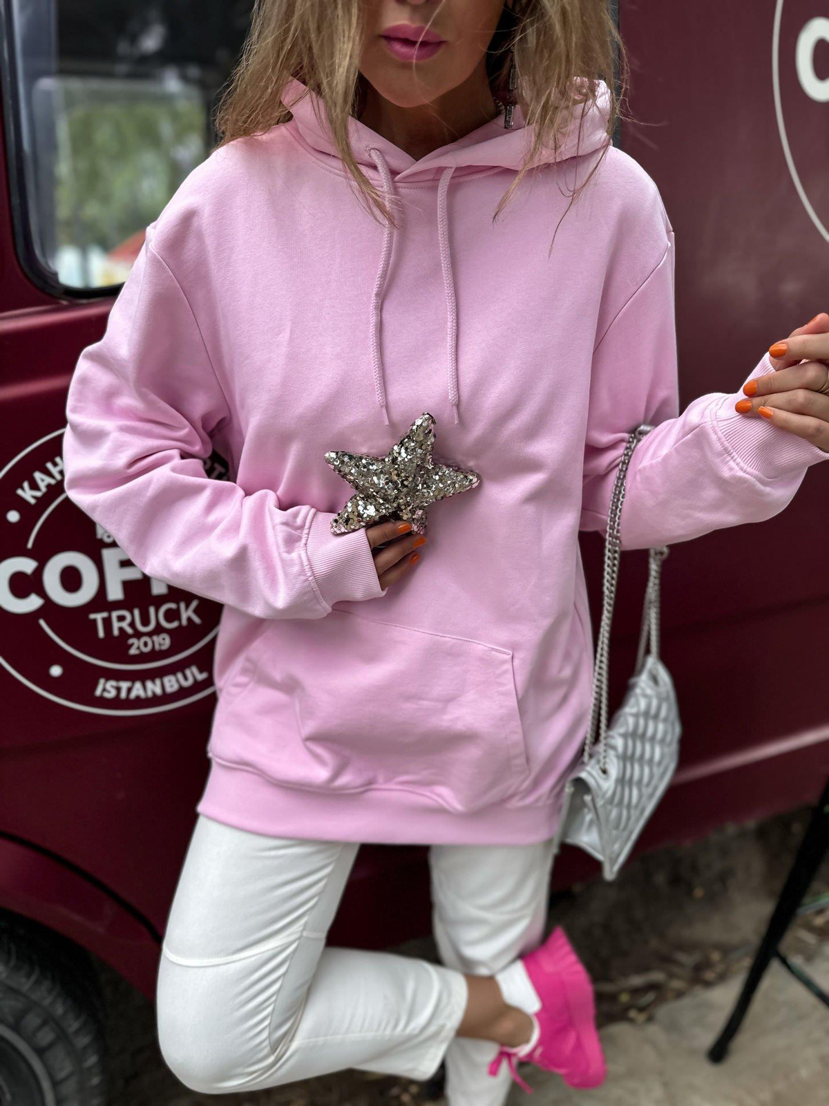 Toz Pembe Kapşonlu Basic Sweatshirt