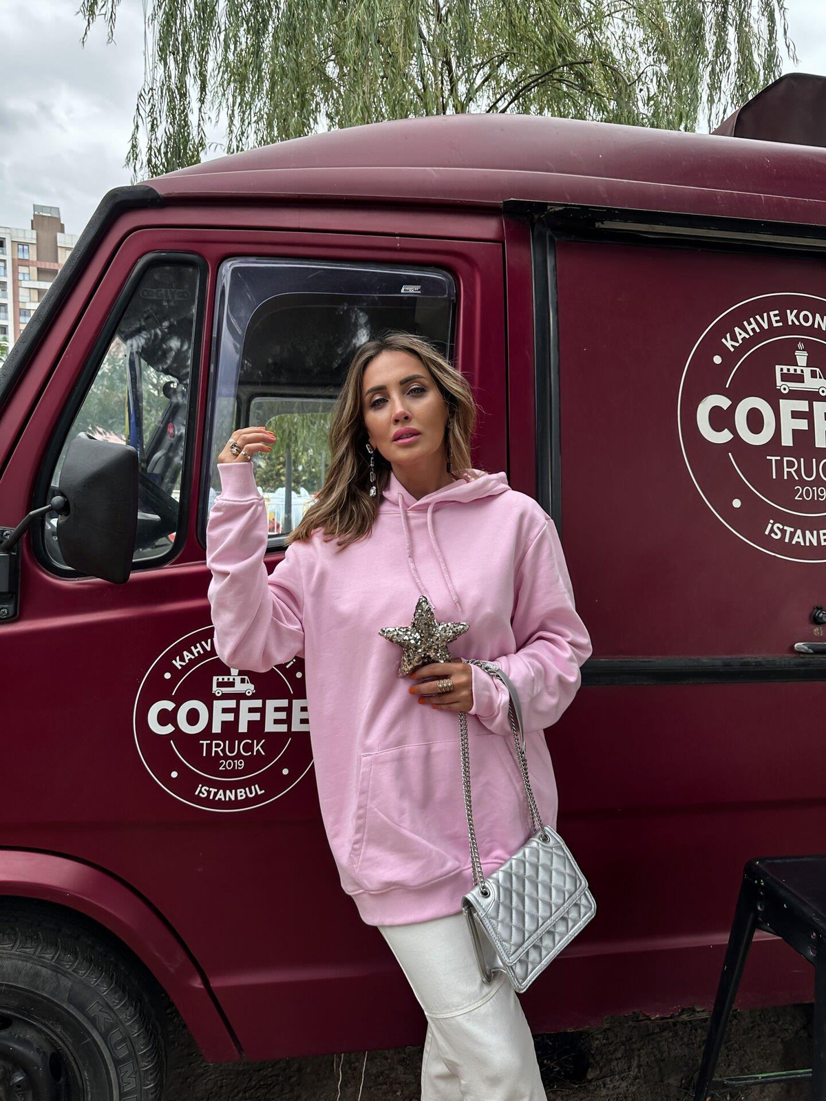 Toz Pembe Kapşonlu Basic Sweatshirt