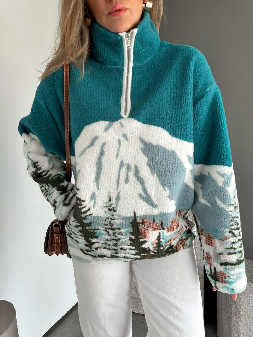 Turkuaz Desenli Polar Sweatshirt
