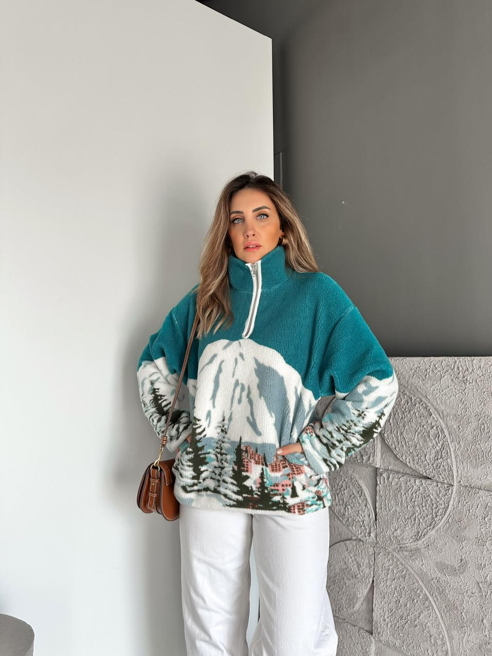 Turkuaz Desenli Polar Sweatshirt