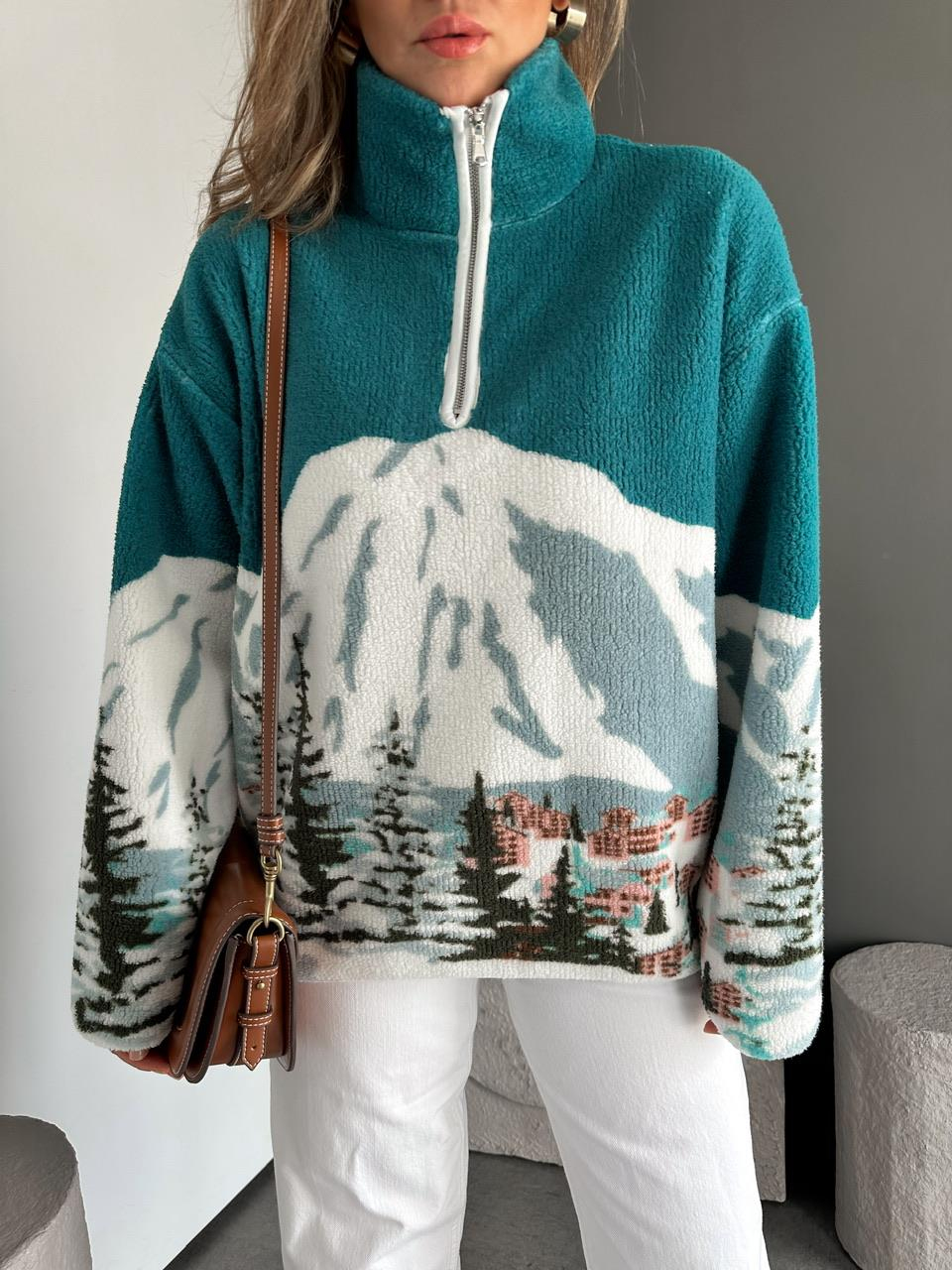 Turkuaz Desenli Polar Sweatshirt