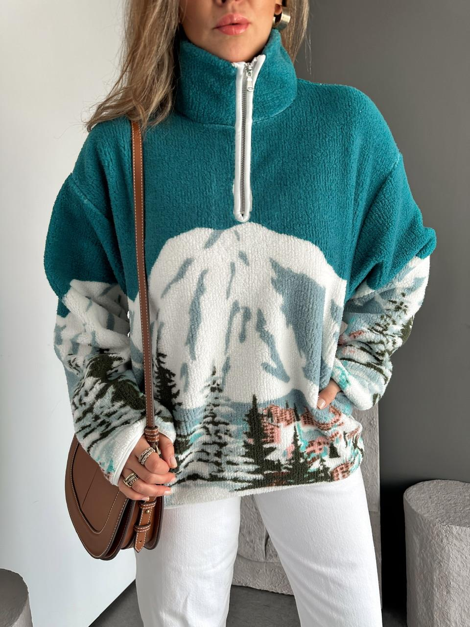 Turkuaz Desenli Polar Sweatshirt