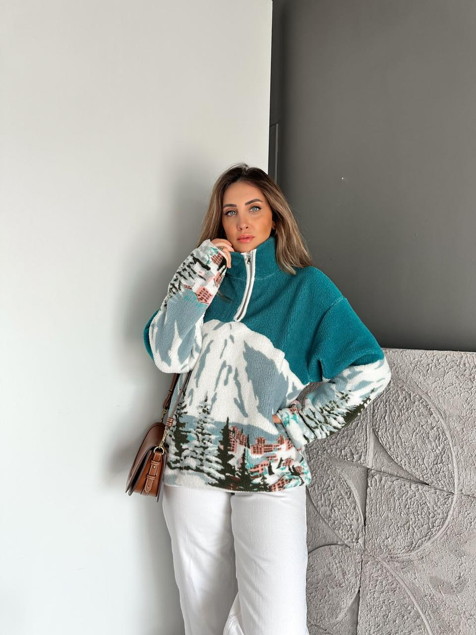 Turkuaz Desenli Polar Sweatshirt